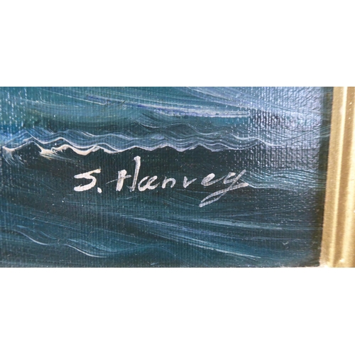 246 - S Harvey - a galleon battle on rough seas  oil on board  bears a signature  23