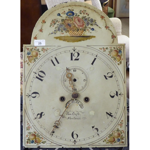 25 - A 19thC longcase clock movement, faced by a painted, enamelled steel Arabic dial, inscribed Thos. Cr... 