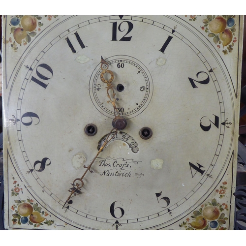 25 - A 19thC longcase clock movement, faced by a painted, enamelled steel Arabic dial, inscribed Thos. Cr... 