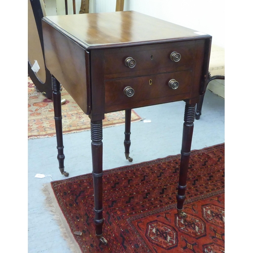 284 - An early 19thC mahogany Pembroke worktable with two lockable end drawers and facsimiles on the rever... 