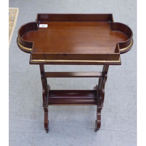 293 - A 19thC mahogany tray top table with a 'broken' gallery, raised on reed carved uprights and fretwork... 