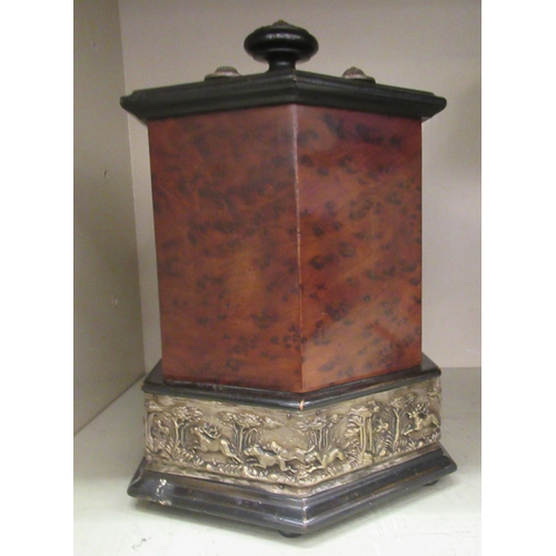 295 - An early 20thC Continental walnut veneered cigar dispenser of hexagonal form, incorporating an impre... 