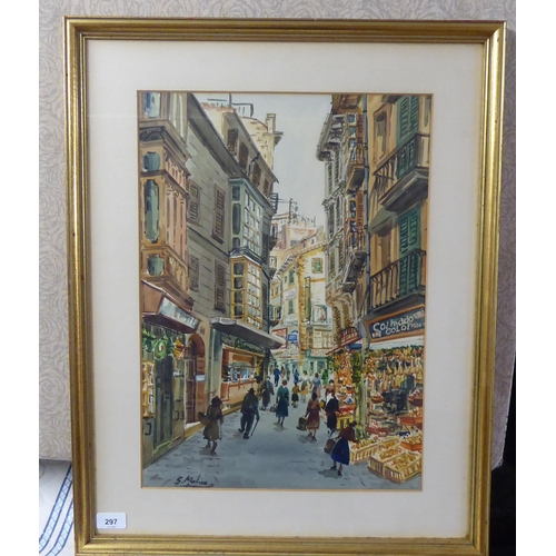 297 - S Molina - a busy street scene  watercolour  bears a signature  15