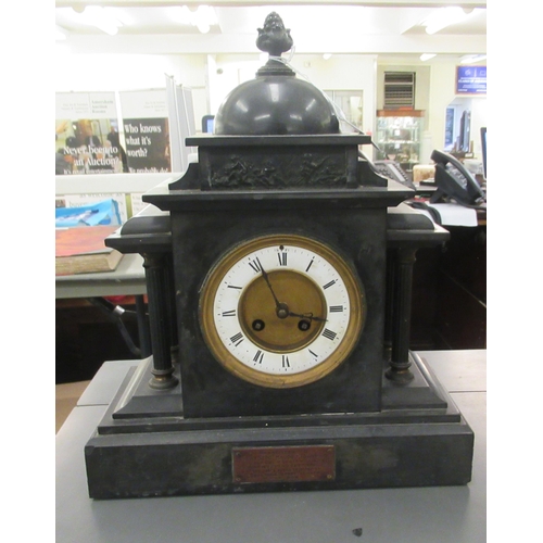 310 - An Edwardian black slate cased mantel clock, faced by a Roman dial  16