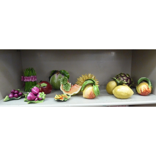 313 - A selection of KHO painted ceramic, naturalistically moulded flora, vegetables and soft fruit: to in... 