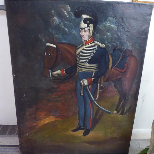 314 - 19thC European School - a military figure beside a horse  oil on canvas  31