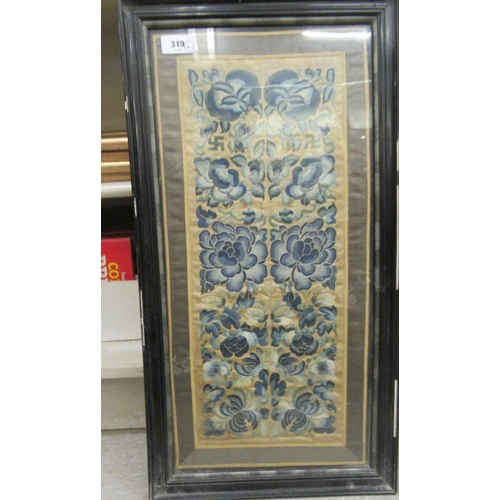 319 - Four framed works: to include a mid 20thC Chinese fabric panel  8