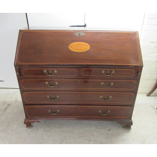 328 - An Edwardian style bureau with string inlaid, marquetry, satinwood and ebony decoration, the fall fr... 