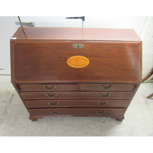 328 - An Edwardian style bureau with string inlaid, marquetry, satinwood and ebony decoration, the fall fr... 