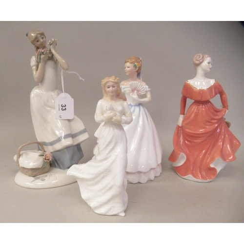 33 - Four porcelain figures: to include Royal Doulton 'Claire'  HN3646  8.5