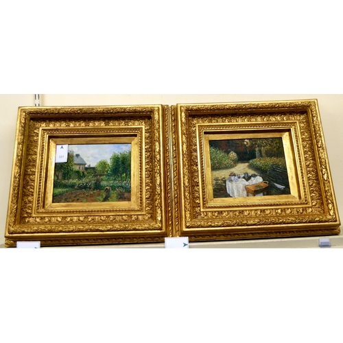 331 - A pair of Continental kitchen garden scenes  oil on board  bearing indistinct signatures  7.5