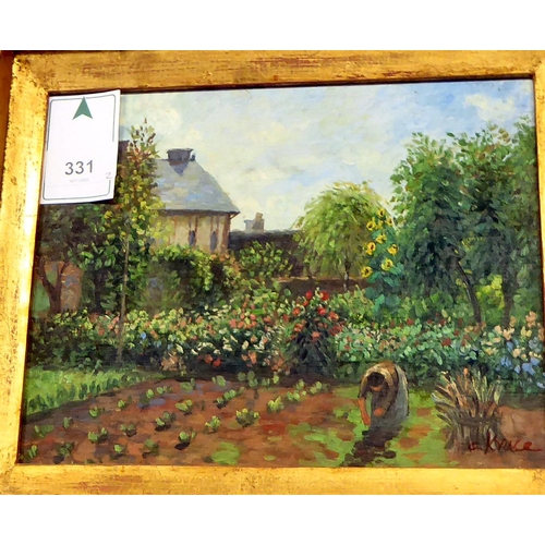 331 - A pair of Continental kitchen garden scenes  oil on board  bearing indistinct signatures  7.5