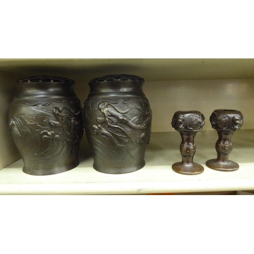 339 - A pair of patinated bronze, baluster shape flower vases with grilles  7