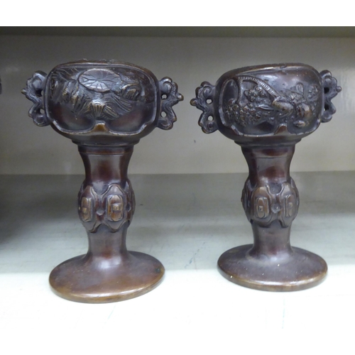 339 - A pair of patinated bronze, baluster shape flower vases with grilles  7