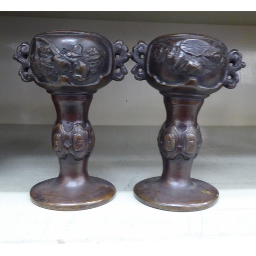 339 - A pair of patinated bronze, baluster shape flower vases with grilles  7