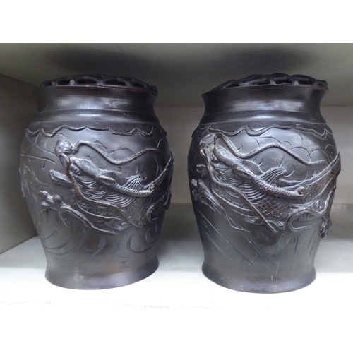 339 - A pair of patinated bronze, baluster shape flower vases with grilles  7