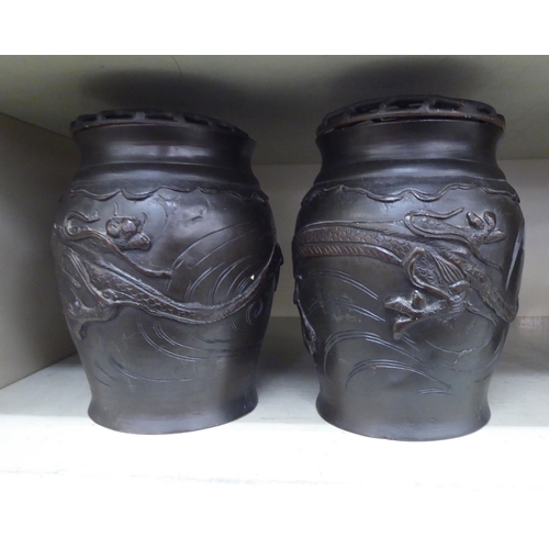 339 - A pair of patinated bronze, baluster shape flower vases with grilles  7