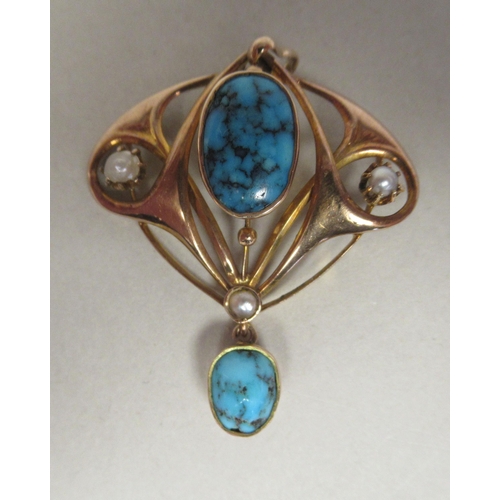 34 - An Art Nouveau 9ct gold turquoise and seed pearl set pendant 