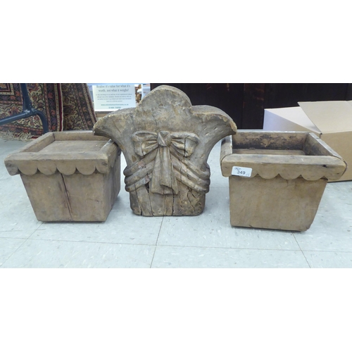 349 - Three vintage carved wooden papier mache moulds, viz. a pair of square flower pots  7