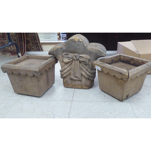 349 - Three vintage carved wooden papier mache moulds, viz. a pair of square flower pots  7