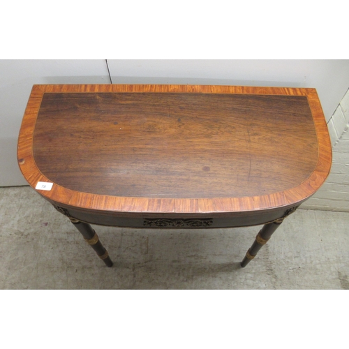 363 - An early 19thC rosewood and crossbanded satinwood, D-shape card table, the foldover top revealing a ... 