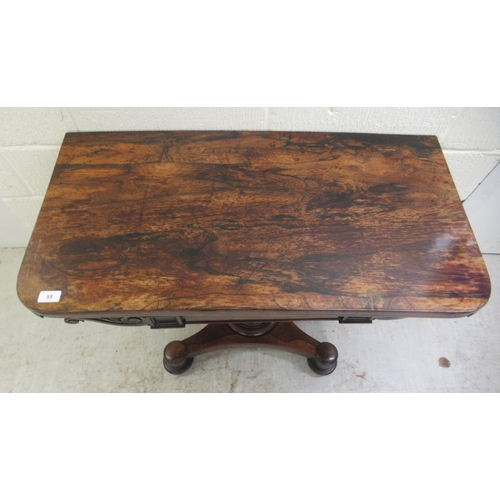 387 - An early 19thC rosewood card table, the rotating foldover top enclosing a green baize lined interior... 