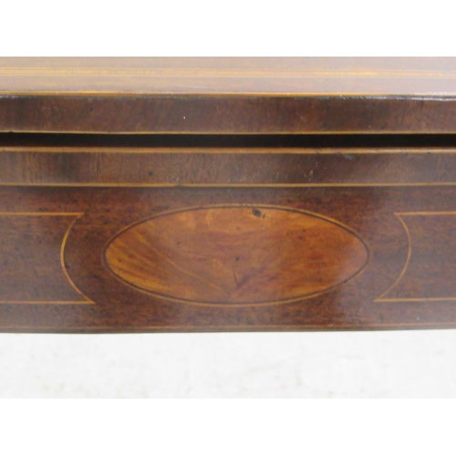 388 - An early 19thC mahogany and crossbanded satinwood D-shape tea table, the rotating foldover top raise... 