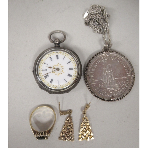 39 - Personal items: to include an engraved silver cased fob watch; and a pair of yellow metal pendant ea... 