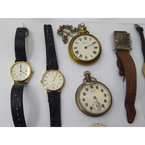 393 - Watches: to include a 1930s gun metal cased pocket watch, faced by an Arabic dial