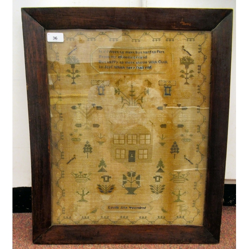 399 - An early 19thC sampler, worked in green and blue cross-stitch, by one Louisa Ann Townsend with four ... 