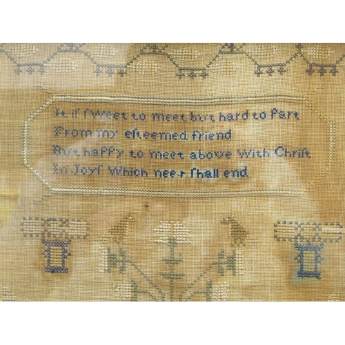 399 - An early 19thC sampler, worked in green and blue cross-stitch, by one Louisa Ann Townsend with four ... 