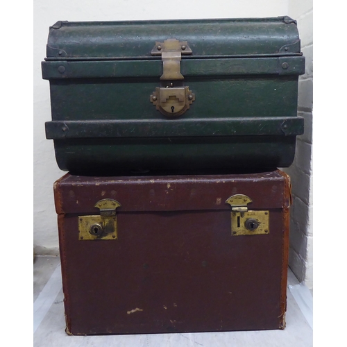 4 - A late 19thC green painted and rivetted tinplate trunk with a brass hasp and lock  13