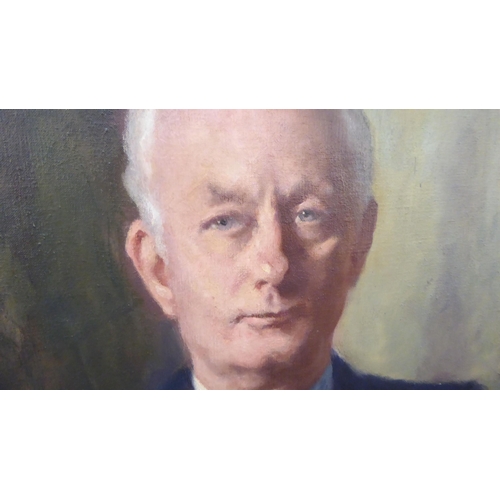 400 - R Dobson - a  head and shoulders portrait, a man wearing a blue suit  oil on canvas  ... 