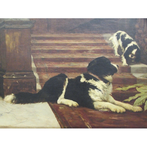 404 - Hugh George Shaw - 'Upstairs Downstairs' a Landseer Newfoundland at the foot of a staircase with a K... 