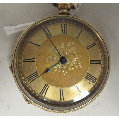 41 - An 18ct gold cased pocket watch with bright-cut engraved ornament, faced by an engine turned and flo... 