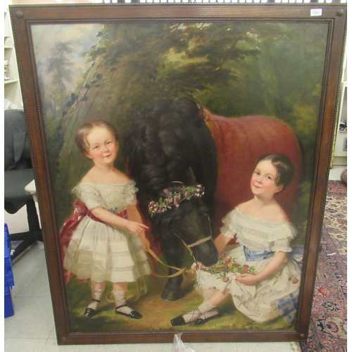 423 - Late 19thC British School - two girls beside a pond  oil on board  52