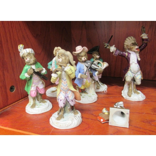 424 - A matched set of six German porcelain monkey band figures  5