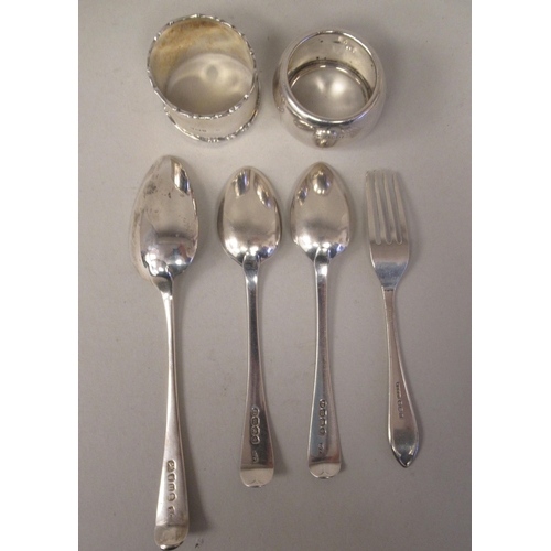 54 - Silver items, viz. two dissimilar napkin rings; and four items of flatware  mixed marks