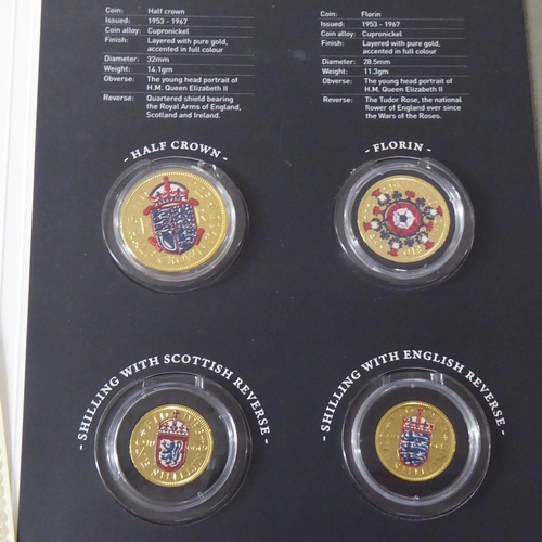 74 - British proof Queen Elizabeth II coins: to include gold plated commemorative issues, variously boxed... 