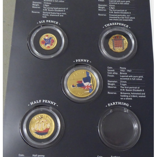 74 - British proof Queen Elizabeth II coins: to include gold plated commemorative issues, variously boxed... 