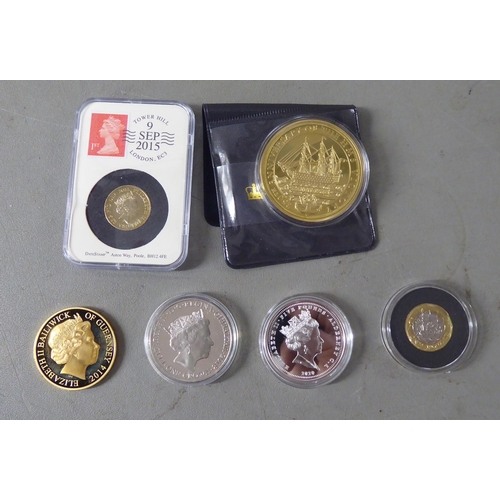 74 - British proof Queen Elizabeth II coins: to include gold plated commemorative issues, variously boxed... 