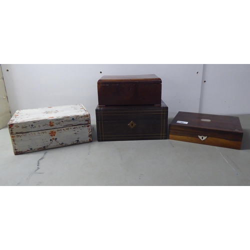 89 - Four 19thC and later boxes: to include a mother-of-pearl inlaid rosewood jewellery box  3