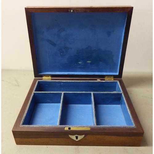 89 - Four 19thC and later boxes: to include a mother-of-pearl inlaid rosewood jewellery box  3