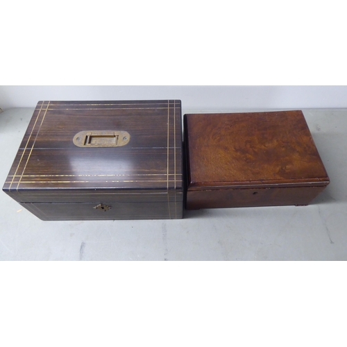 89 - Four 19thC and later boxes: to include a mother-of-pearl inlaid rosewood jewellery box  3