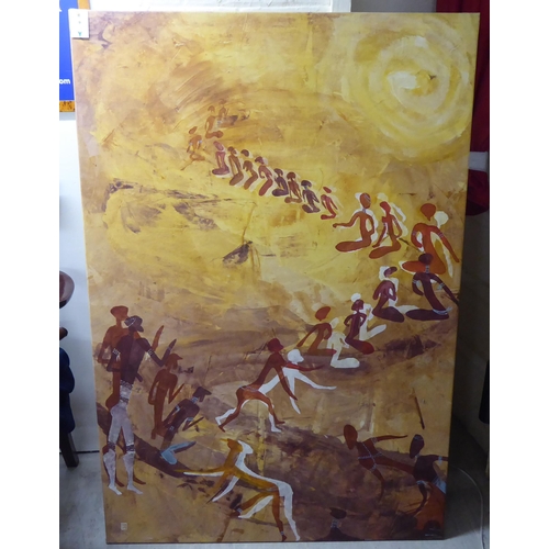 9 - An overpainted batique picture, featuring native figures, in a stylised landscape  bears a block sig... 