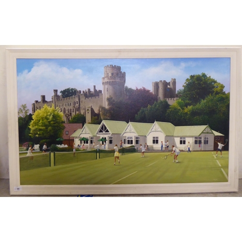 99 - Taylor - figures playing lawn tennis before a castle  oil on canvas  bears a signature  23.5