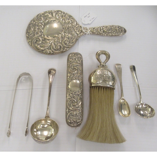 45 - Silver collectables, viz. a top hat brush, clothes brush, a hand mirror; a pair of Georgian bright-c... 