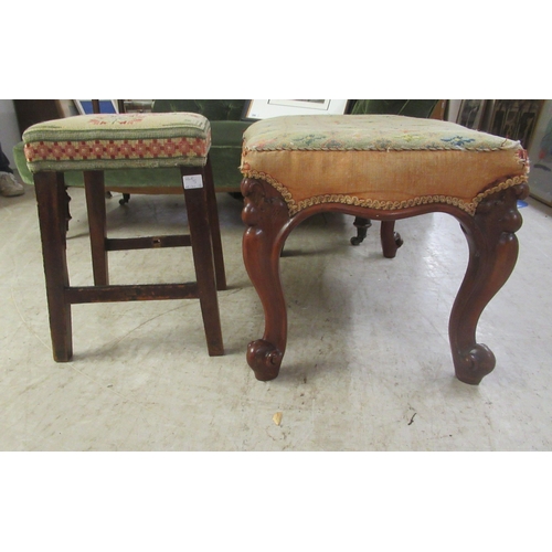 5 - A 19thC carved mahogany framed serpentine outlined stool with an overstuffed and tapestry upholstere... 