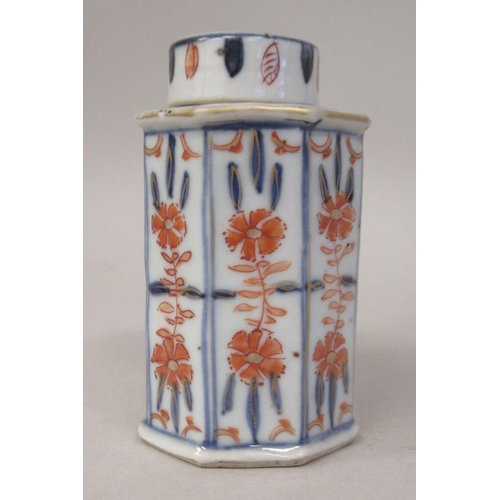 104 - A 19thC Chinese Imari porcelain tea caddy of elongated octagonal form and a cover, decorated in coba... 