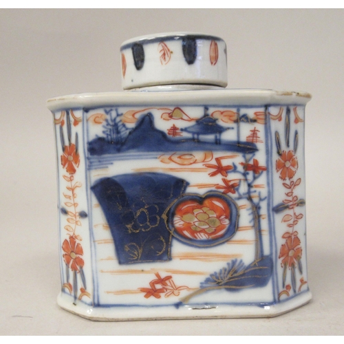 104 - A 19thC Chinese Imari porcelain tea caddy of elongated octagonal form and a cover, decorated in coba... 